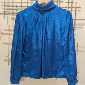 VTG First Glance Blue Floral Jacquard High Neck Long Sleeve Satin Blouse Top